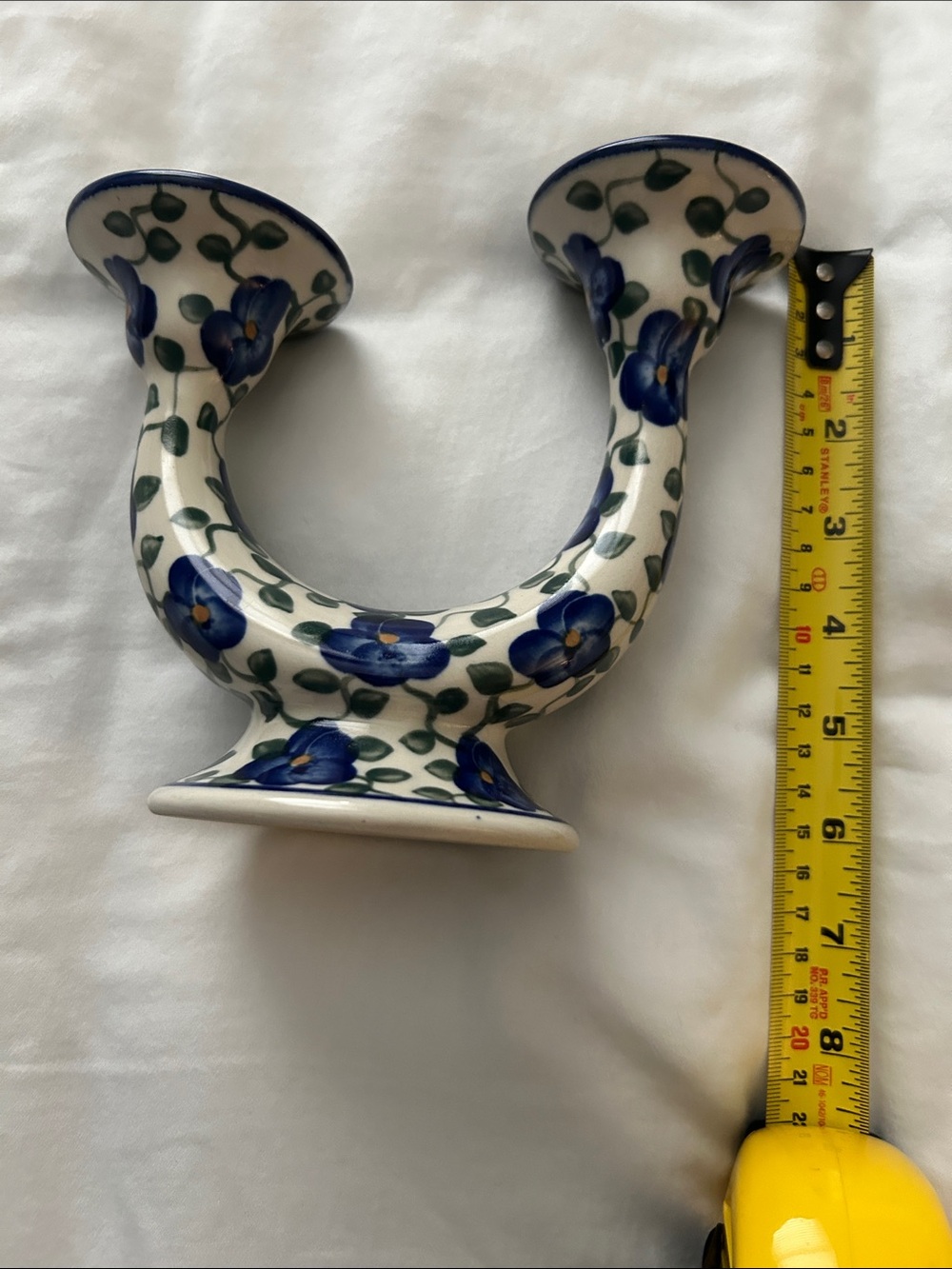 Unikat Polish Pottery Blue and Green Hand-Painted U-Shaped Ceramic Vase - Picture 4 of 5